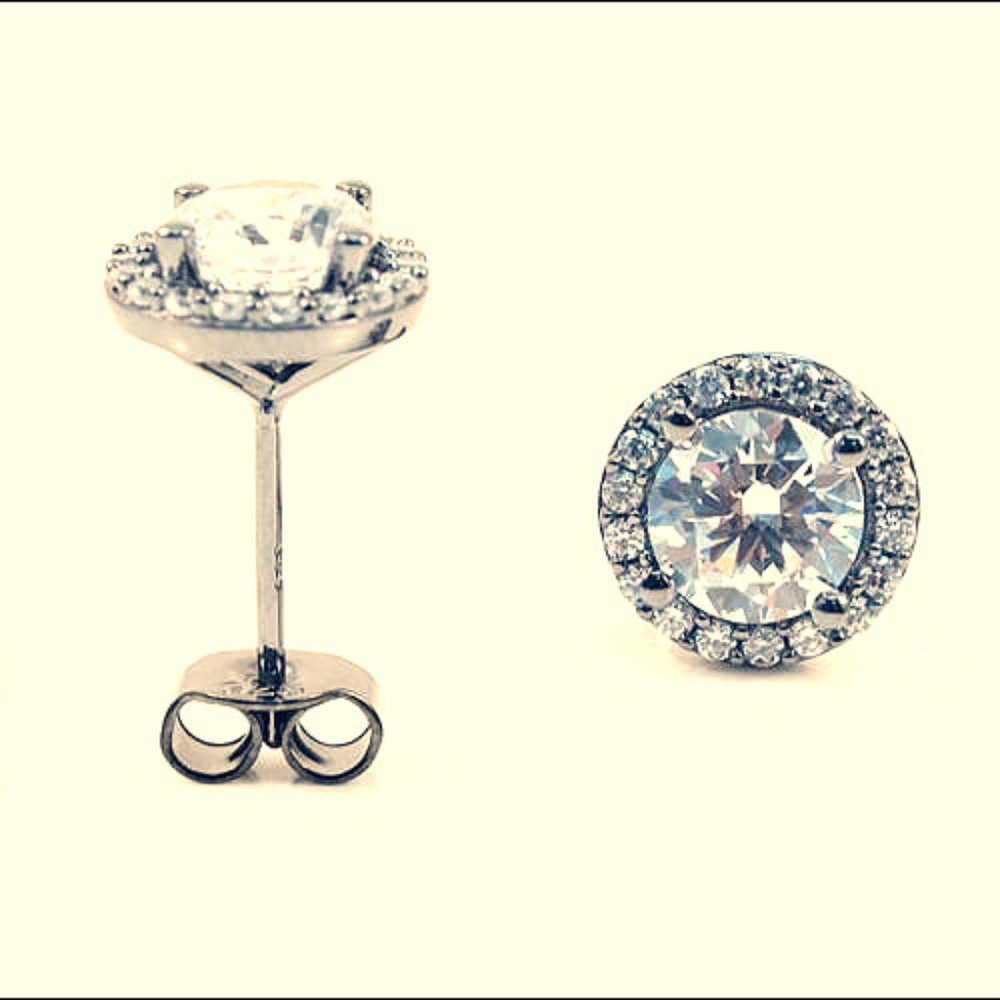 Silver Round Stud Earrings with Halo